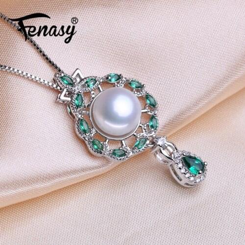 FENASY 925 Sterling Silver Luxury Emerald Pendant Bohemian Party Natural Freshwater Pearl Necklaces For Women Idea Gift