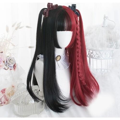 65CM Black Mixed Red Gothic Lolita Cosplay Wig Long Curly Straight Bob Bangs Halloween Sweet Princess Party Synthetic Hair Wigs