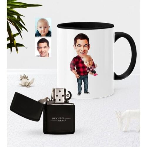 Personalized Father Son Caricature Of Black Mug Cup Gasoline Lighter Seti-3