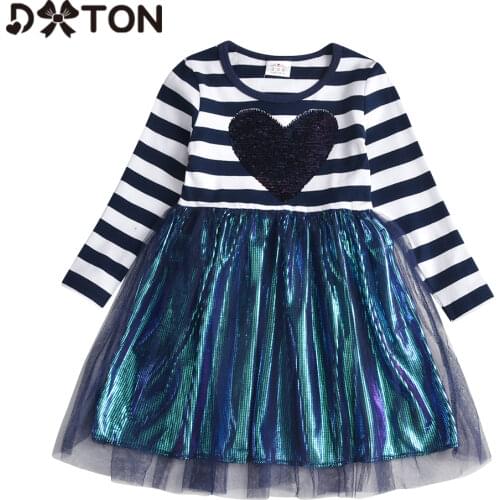 DXTON Long Sleeve Girls Dress Heart Sequined Kids Dress For Girls Stripe Autumn Winter Children Dress Costumes Baby Girl Clothes