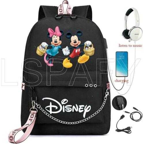 Disney Mickey Backpack Travel Bag Girls School Bag Usb Charging Oxford Backpack Chain Teenagers Minnie Backpack Laptop Mochilas