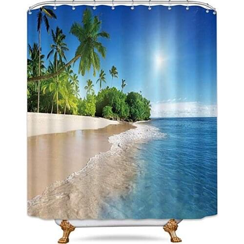 Shower Curtains Mould Proof Resistant Washable Beach Scene 180 x 180 cm 3D Digital Landscape Printed Waterproof Bathroom Bath
