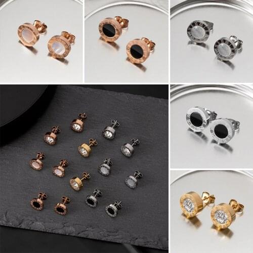 Korean Statement Earrings For Women Stainless Stee Stud Earrings Simple Vintage Roman Numeral Crystal Small Earings 2021 Jewelry