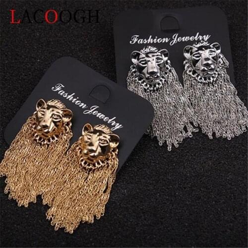 Lacoogh Women Lion Head Tassel Personality Earrings Nightclub Personality Trend Gold Fashion Earrings