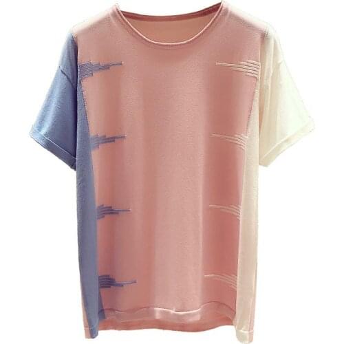Zuolunouba Hot Summer New Thin Knit Sweater Ins Contrast Women T-shirt Loose Casual Sweet Fashion Commuter Ladies Hedging Tops