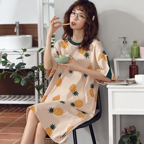 Women Cotton Night Dress Fruits Print Oversize Sleepwear Cute Girls Lingerie Loose Short Sleeve O-Neck Cartoon Night Shirt Gown
