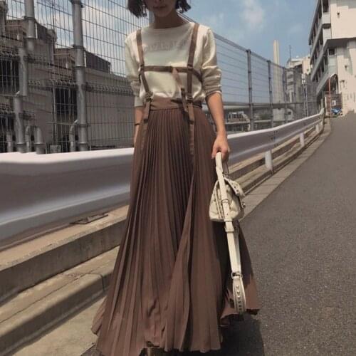 Suspender Pleated Dress Women 2019 Autumn Korean Style Strap Long Dresses Elegant Cusal Vintage Lady Vestidos Robe Brown/Pink