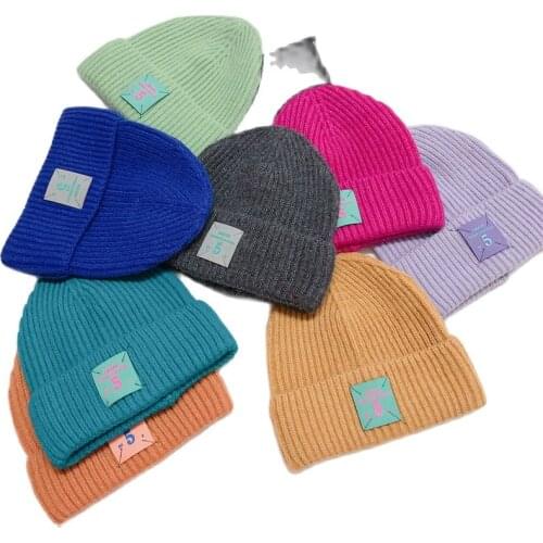 Winter Thick Warm Wool Knitted hat For Child Outdoor kids boy girl Patch logo Curled Cute Beanies Caps Skullies Ski Skullcap