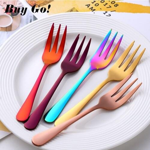 1PC Tea Fork Stainless Steel Small Fork For Dessert Rainbow Snack Fruit Fork Three-Tine Mini Fork Cake Colorful Home Dinnerware