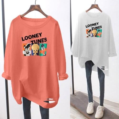 2021 Spring Loose T-shirt Women Korean Style Long-sleeved Mid-length Long-sleeved Plus Size Top Hollow Out Woman Tshirts