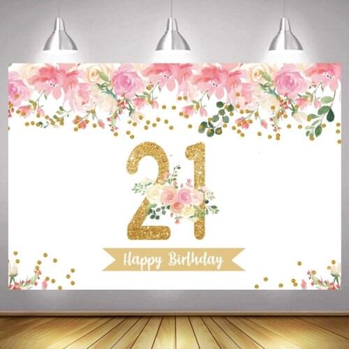 21th Photo Backdrop Girls Happy Birthday Party Custom Flower Rose Gold Decoration Photography Backgrounds Banner