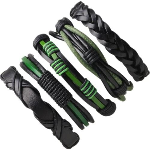 5pcs/set Boho Gypsy Hippie Punk Brown Black Leather Green Cord Wrap X Knot Layers Stacked Bracelets Set for Man Wrist Jewelry