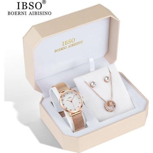 IBSO Brand Women Rose Gold Watch Earring Necklace Set Female Jewelry Set Fashion Creative Crystal Quartz Watch Ladys Gift