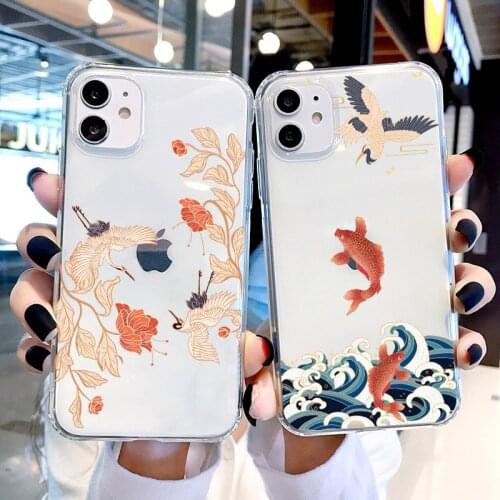 Crane and Koi Chinese style Phone Cases For iPhone 11 12 Pro Max 8 7 6S Plus SE2 XR XS Max X Shockproof Soft Clear Back Cover