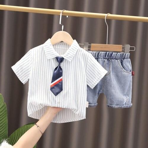 Children Cotton Clothes Summer Baby Boy Short Sleeve Cartoon Shirts Denim Short Pants 2Pcs/sets Infant Kids Toddler Tracksuits
