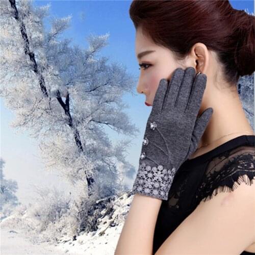 Elegant Womens Touch Screen Gloves New Winter Ladies Fashion Lace Warm Cashmere Bow Full Finger Mittens Wrist Guantes Gift