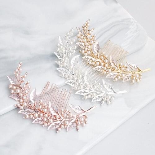 3 Colors Pearl Leaf Alloy Hair Combs Wedding Women Hair Jewelry Accessories Head Decoration Rhinestone Ornament For Bride