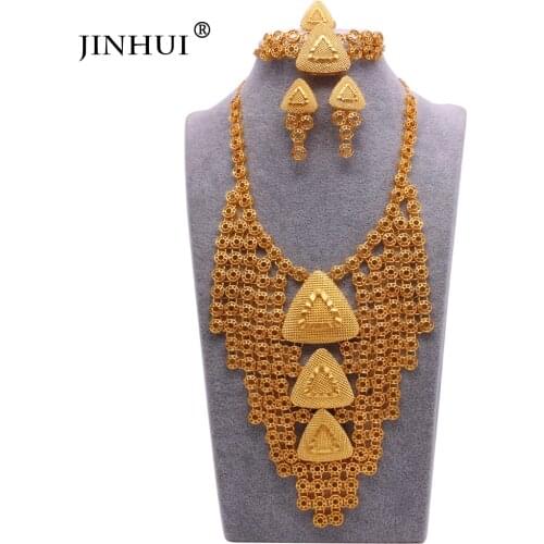 Indian 24K Gold filled wedding bridal gifts Dubai girl big jewelry sets Bracelet necklace earrings rings jewellery set for women