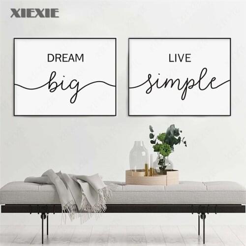 Minimalist Dream Big Live Simple Quote Canvas Paintings Black and White Bedroom Wall Art Prints Poster Pictures for Home Decor