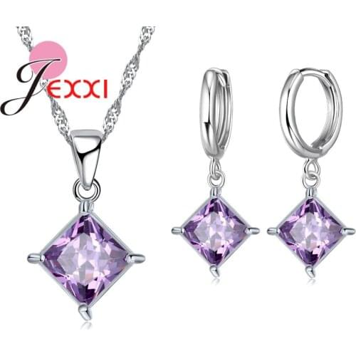 925 Silver Bridal Wedding Jewelry Sets Charm Crystal Square Pendant Necklaces Earrings Sets Shininy Zircon bijoux 8 Color