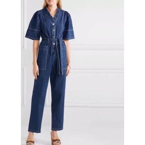New Summer Style For Adult Womens Dark Blue Slacks Costume V-Neck Lacing Tighten Waist Short Sleeve Jeanswear Denim Jumpsuit