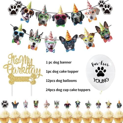 Dog Birthday Balloons Party Decoration Set Dog Face Pull Flag Dog Paw Print Balloon Dog Bone Cake Insert Card Flag