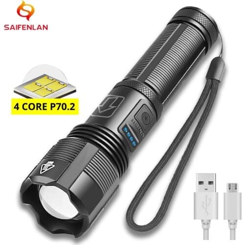 Super Bright 4 Core P70.2 P50.2 LED Flashlight with Battery Display USB XHP Torch 5 Lighting Modes for Adventure,Hiking, Camping