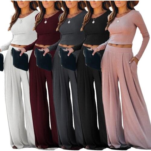 Knitted Backless Womens Suits With Wide Leg Trousers Cropped T-shirts High Waist Women Set 2021 Autumn Solid Casual Suit Woman