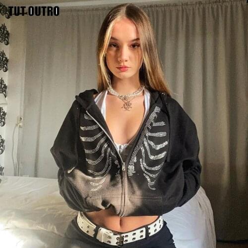 Streetwear Y2K Rhinestone Hoodie Skeleton Grunge Goth Hoodie Black Hippie Zip Up Oversized Hoodies Autumn Winter Dark Hoodies