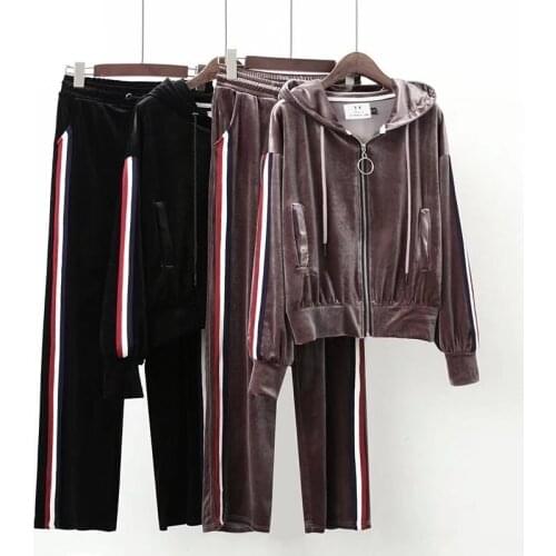 Spring Women Sport Suit Velvet Loose Wide Leg Pant Hooded Jacket Running Jogger Fitness Casual Outfit Set Sportswear Tracksuit