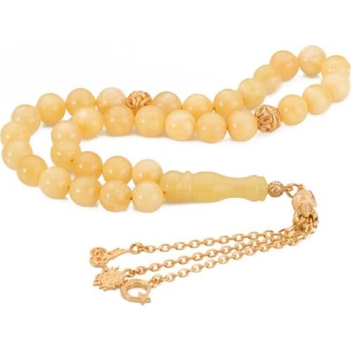 Honey Colored Amber Gemstone Prayer Rosary Men Drop Cut Rosary With Silver Tassel Islamic Tasbih With Ottoman Style Tassel