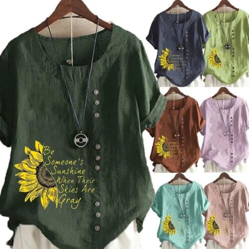 2021 New Summer Womens Fashion Sunflower Print Round Neck Short-sleeved T-shirt Casual Loose Solid Color Shirt Top Plus Size