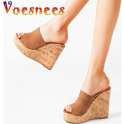 Women Summer Slipper Shoes Comfortable Superfine Fibre Vamp Peep Toe Sandals 2021 New 11CM Wedges High-Heel Shoes Big Size 36-43