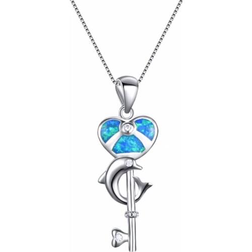30MM Beautiful Elegant 925 Sterling Silver Blue Fire Opal Heart Key Dolphin Pendant Necklaces For Women Fine Jewelry Gifts