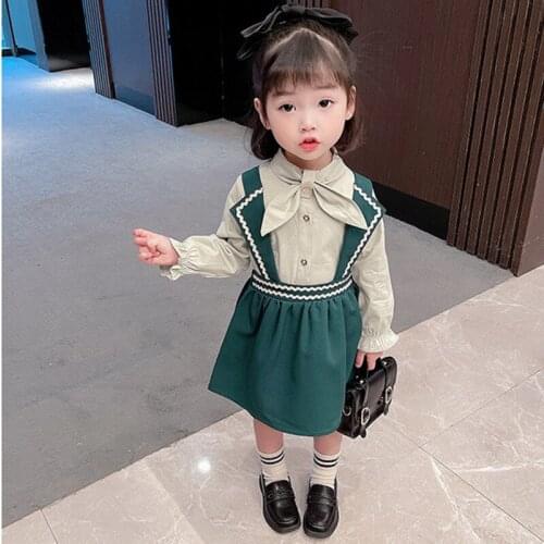 2021 Spring Children Clothing Sets New Arrival Kids Girl Bow Collar Blouse Top+Strap Skirt Princess Baby Sets Outfit 1-7Years
