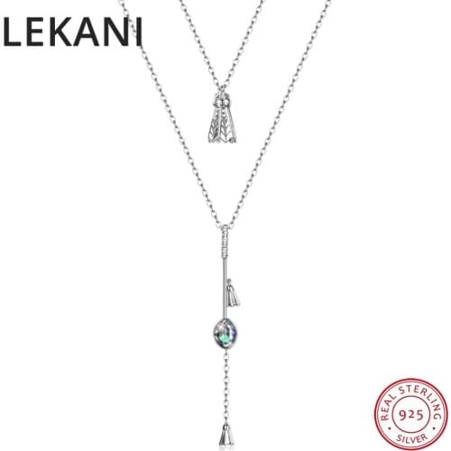 LEKANI 925 Silver Long Pendant Necklace Double Chains Colorful Beads Crystals From Swarovski For Women Beast Party Accessories