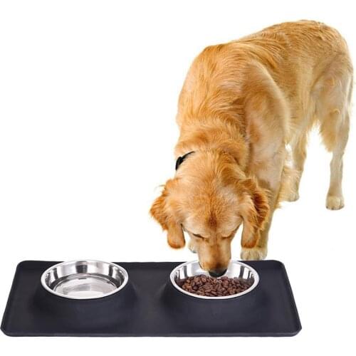 Stainless Steel Double Bowl Pet Feeder comedero Travel Water Bowl Non-Skid Silicone Mat For Pet Dog Cat Puppy Food Water Dish