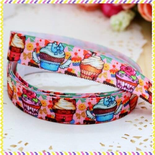 DHK 5/8'' 5yards Fold Over Elastic FOE cupcake printed headband headwear hair band diy decoration OEM Wholesale E298