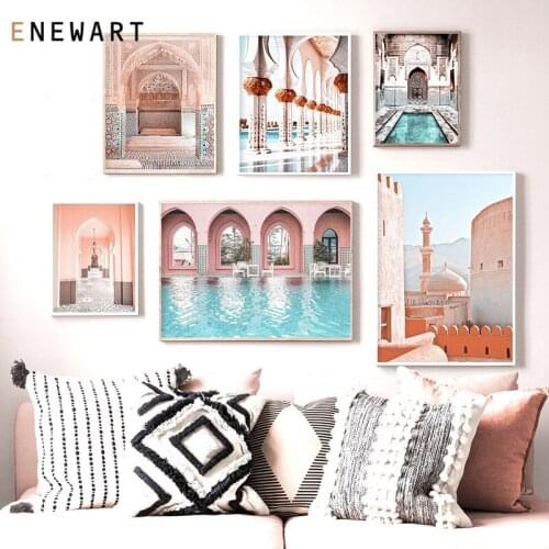 Islamic Quotes Allah Painting Picture Poster Hassan II Mosque Moroccan Arch Canvas Wall Art Print Muslim Decoration Home Decor