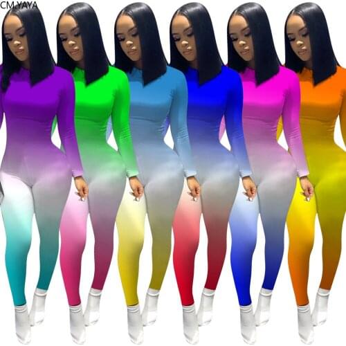 CM.YAYA Women Gradient Print O-neck Long Sleeve Sport Fashion Bodycon Jumpsuit Sexy Party One Piece Overalls Romper Playsuit