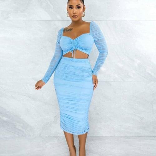 Splicing Mesh Dress Leisure Suit Sexy Womens 2 Pieces Set Solid Color Crop Tops and Mid-Length Skirt