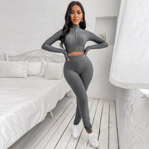 2 Pieces Outfits Set Tracksuit Spring Autumn Female Solid Color Long Sleeve Crop Tops with Zipper Long Pants Suit for Women Fall