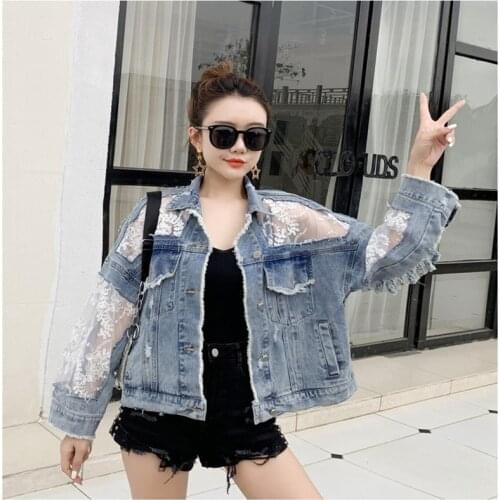 Streetwear Lace Patchwork Jean Hole Denim Jacket Coat Women Oversized Long Sleeve Perspective Flower Embroidery Loose Overcoat