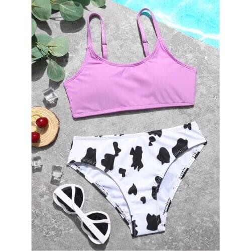 Summer Kids Swimwear For Girls Cows Print Swimsuit Bathing Beach Cute Purple Two-piece Beach Swimsuit Купальник Детский