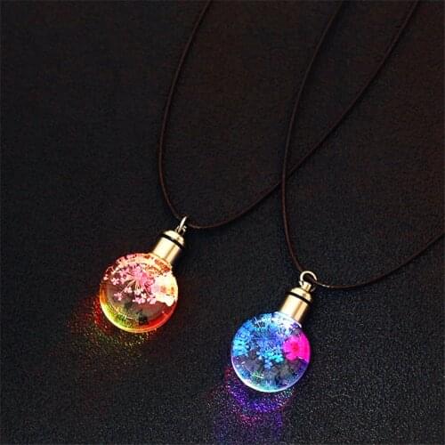 1PC Trendy Dried Flowers Necklace LED Luminous Flower Pendant Necklace For Women Charm Crystal Glass Ball Party Wedding Jewelry