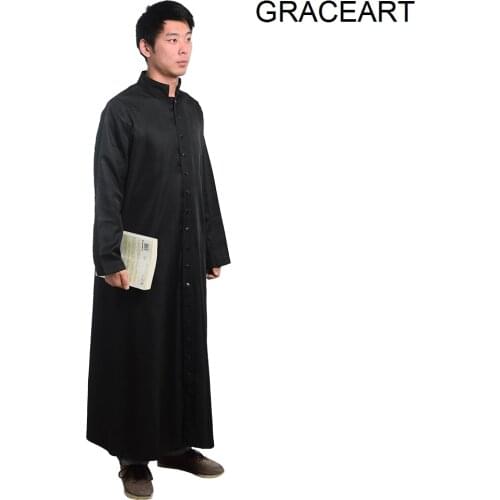Men Black Cassock Clergy Robe Single-Beast Priest Vestments