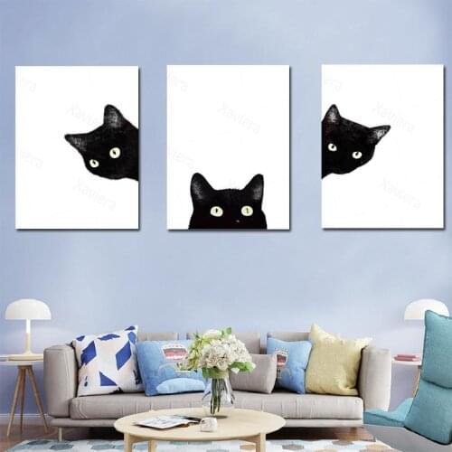 Wall Art Animal Decoration Picture Black White Painting Canvas Prints Cute Cat Poster for Home Living Room Bedroom Mural