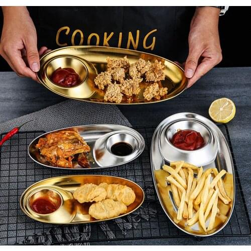 2 Grids Stainless Steel Dinner Tray Lunch Container Snack Plate Appetizer Serving French Fries Platter Kitchen Gadgets