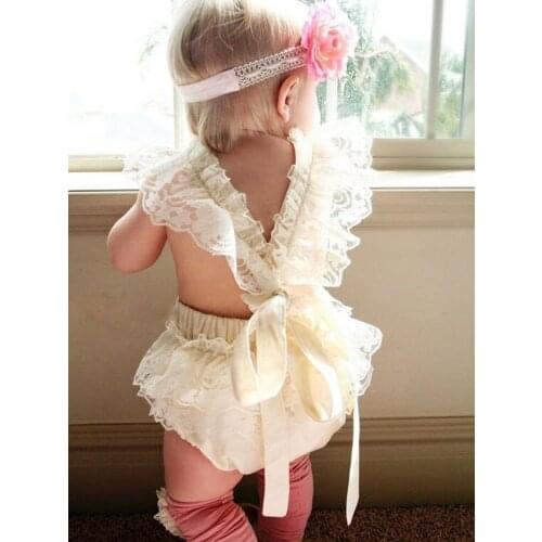 Solid Ruffled Lace Short sleeve Romper For Baby Girl