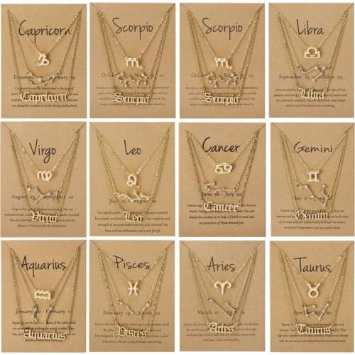 3PCS/SET Charm Twelve Constellation Zodiac Sign Pendant Link Chain Necklace For Women Fashion Jewelry Gift Cancer Leo